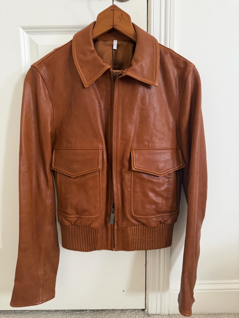 Helmet Lang Patch Pocket Shun Cognac Leather Bomber Jacket, Size S